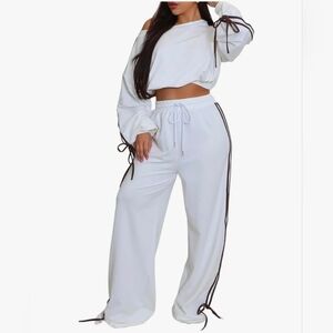 HOST PICK- White Off Shoulder Long Sleeve Crop Top With Wide Leg Pants Set